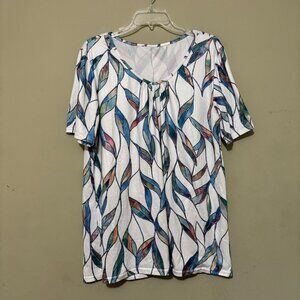 Plus Size 1X Leaf Print Short Sleeve Blouse White Multi-Color